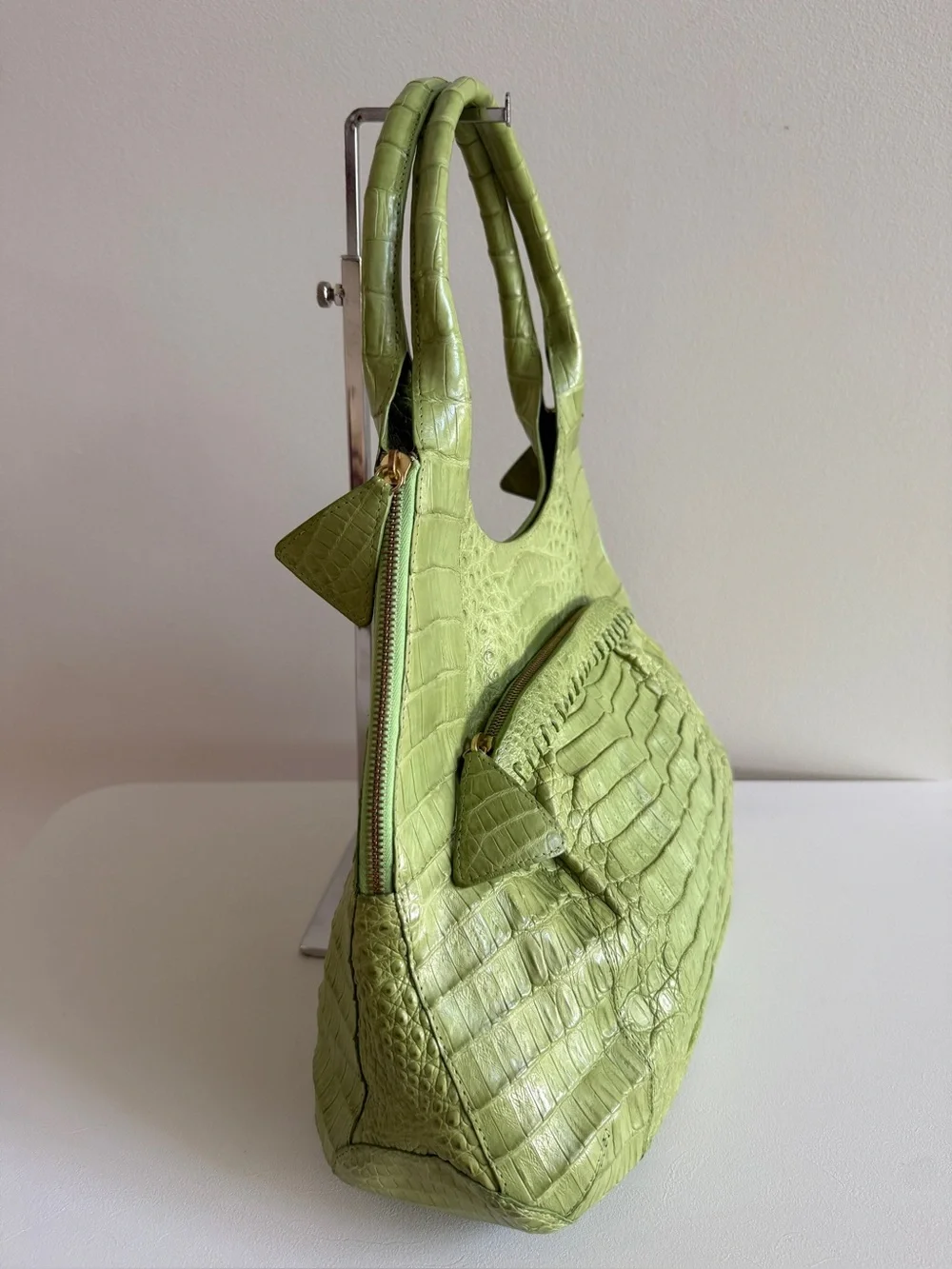 NANCY GONZALEZ Genuine Crocodile Top Handle Shoulder Bag Hobo Handbag Lime Green
